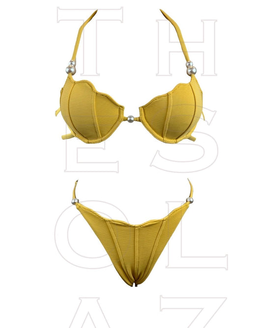 Alina Luxe Ribbed Molded  Shell Underwire Bikini Swimwear with Pearls TOP