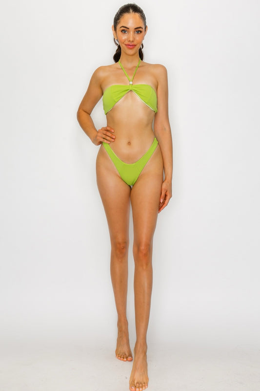 Mila Luxe Ribbed Bandeau Bikini with Pearls Brazilian Bottom